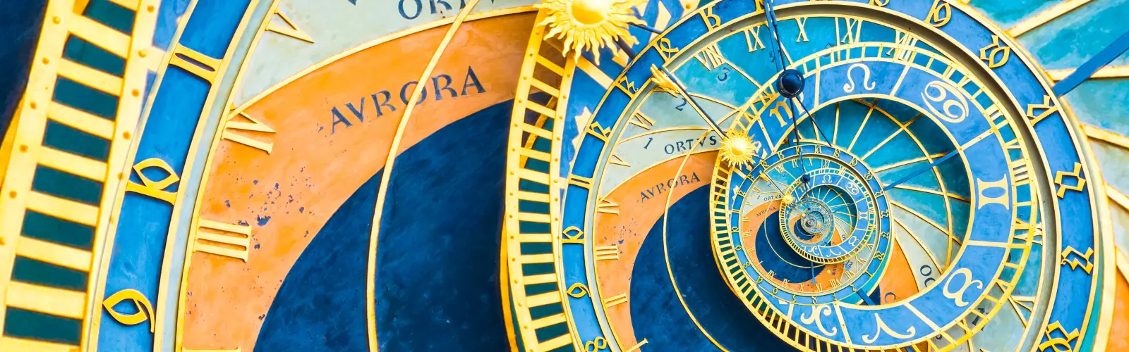 Astrologische Tierkreiszeichen auf einer orange blauen Uhr representieren das Thema Gesundheit und Krankheitsbilder deuten.